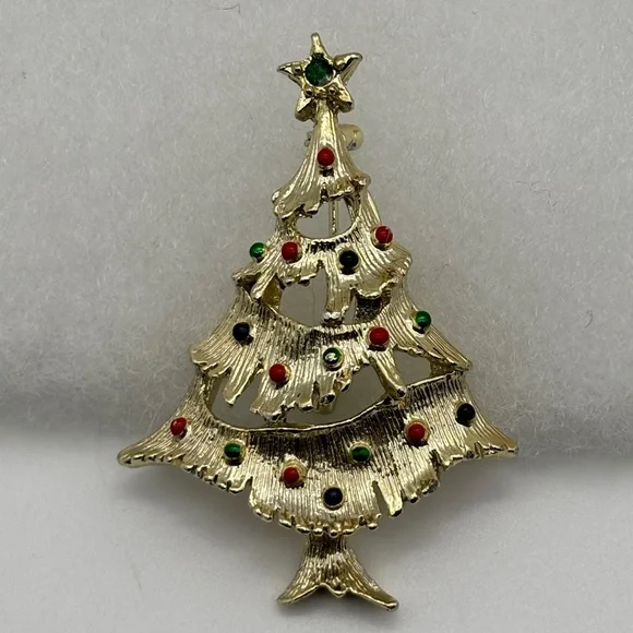 Vintage Gerry's Christmas Tree Pin, Gold Metal Green Red Decorations, Book Piece - Picture 7 of 15